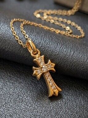 NWT Solid 18K Yellow Gold Moissanite Cross Necklace Pendant 17.5"